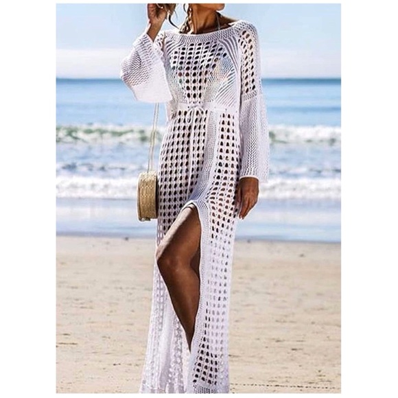 Crochet Open Knit Mesh Swimsuit Cover-Up in White OSFM XS-M - Picture 5 of 9